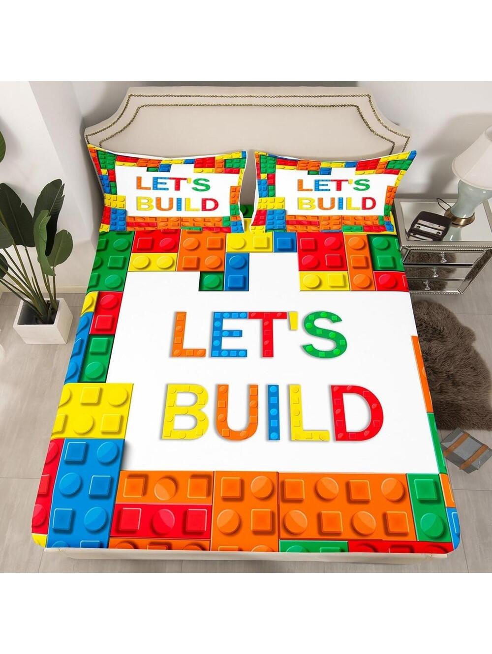 NIB Feelyou Building Block Print Fitted Sheet Full Size, Sheet & 2 Pillow Cases
